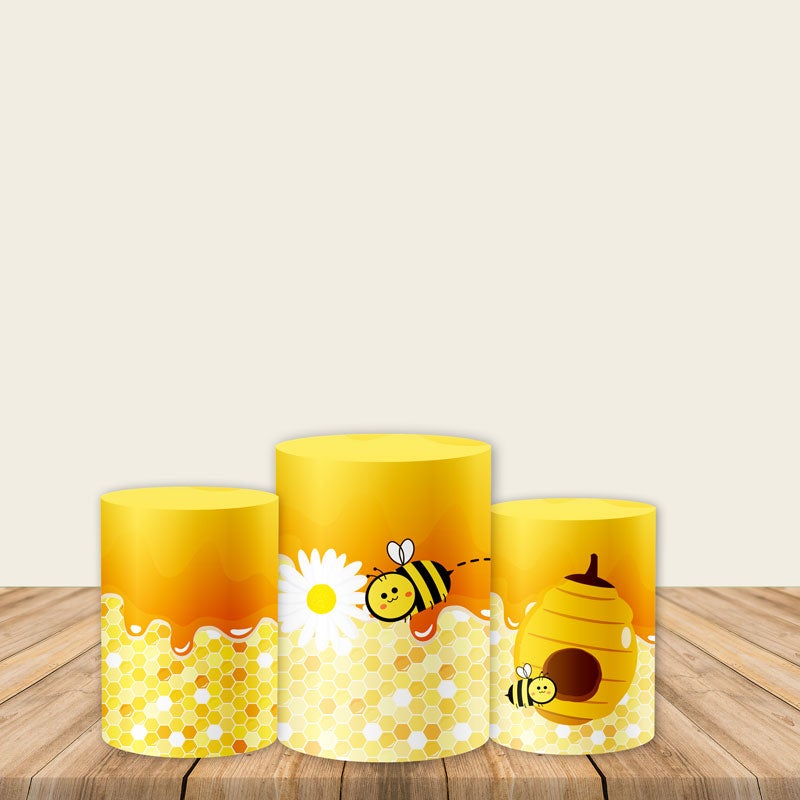 Bumble BEE Baby Shower Pedestal Covers Plinth Cover Printed Fabric Cylinder Pedestal Cover-ubackdrop